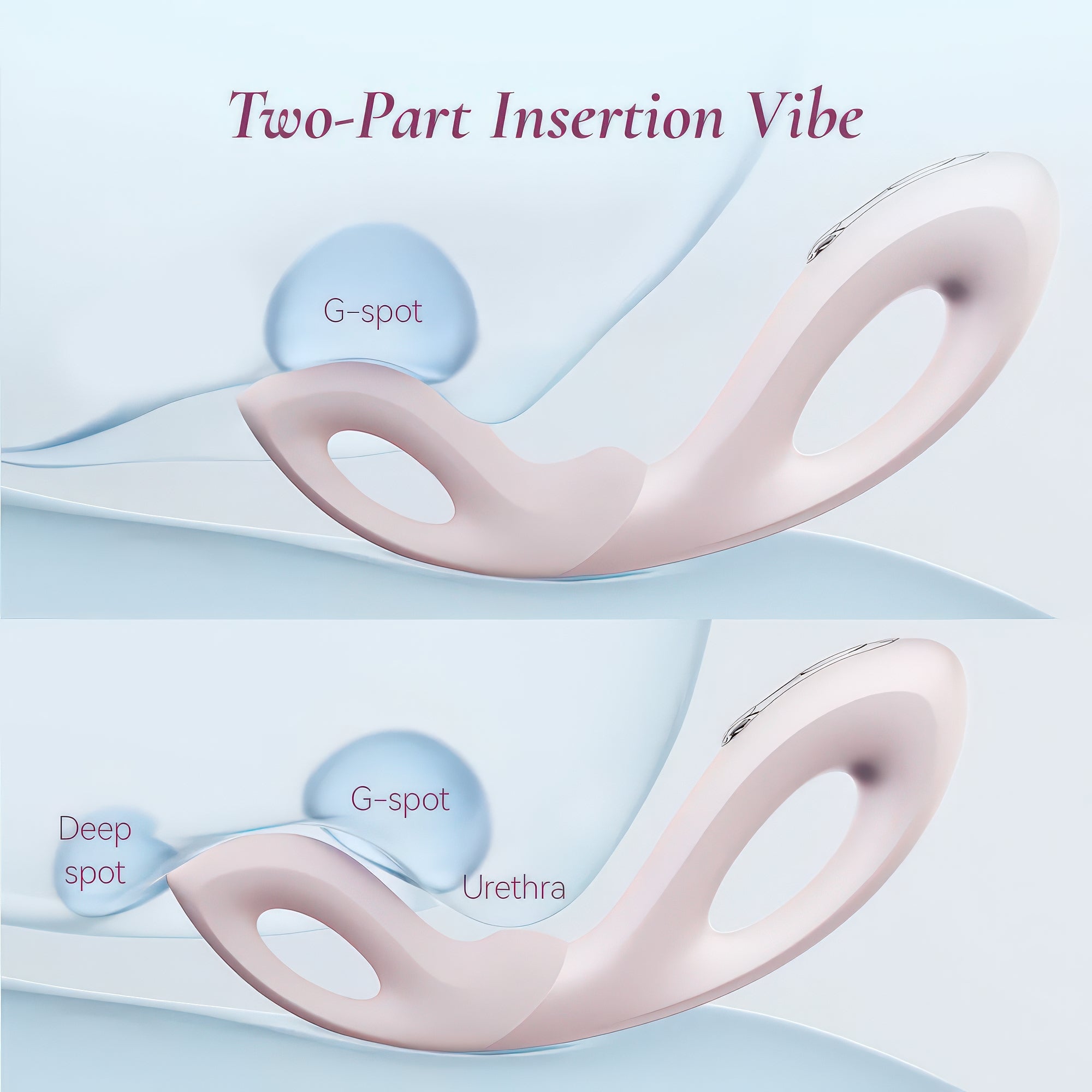 Two-part insertion vibe with labeled G-spot and urethra on a light blue background