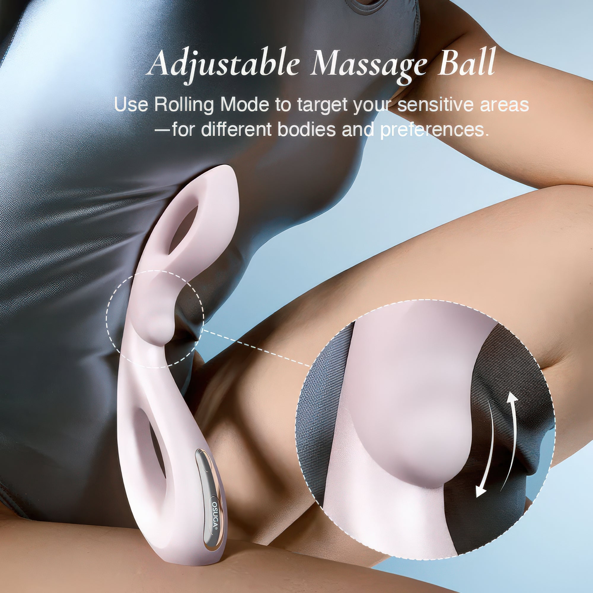 Adjustable massager resting on a person's leg with text explaining its use.