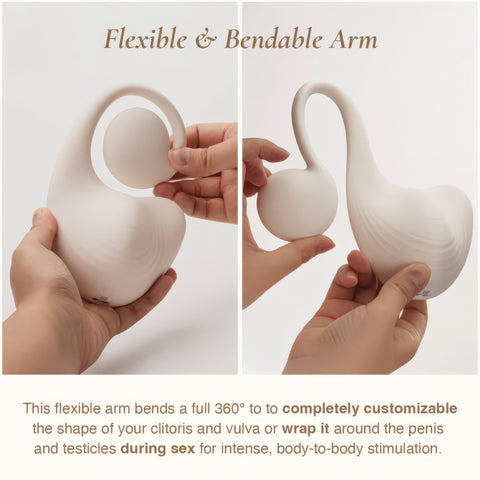 Product with a flexible arm being demonstrated by hands on a white background