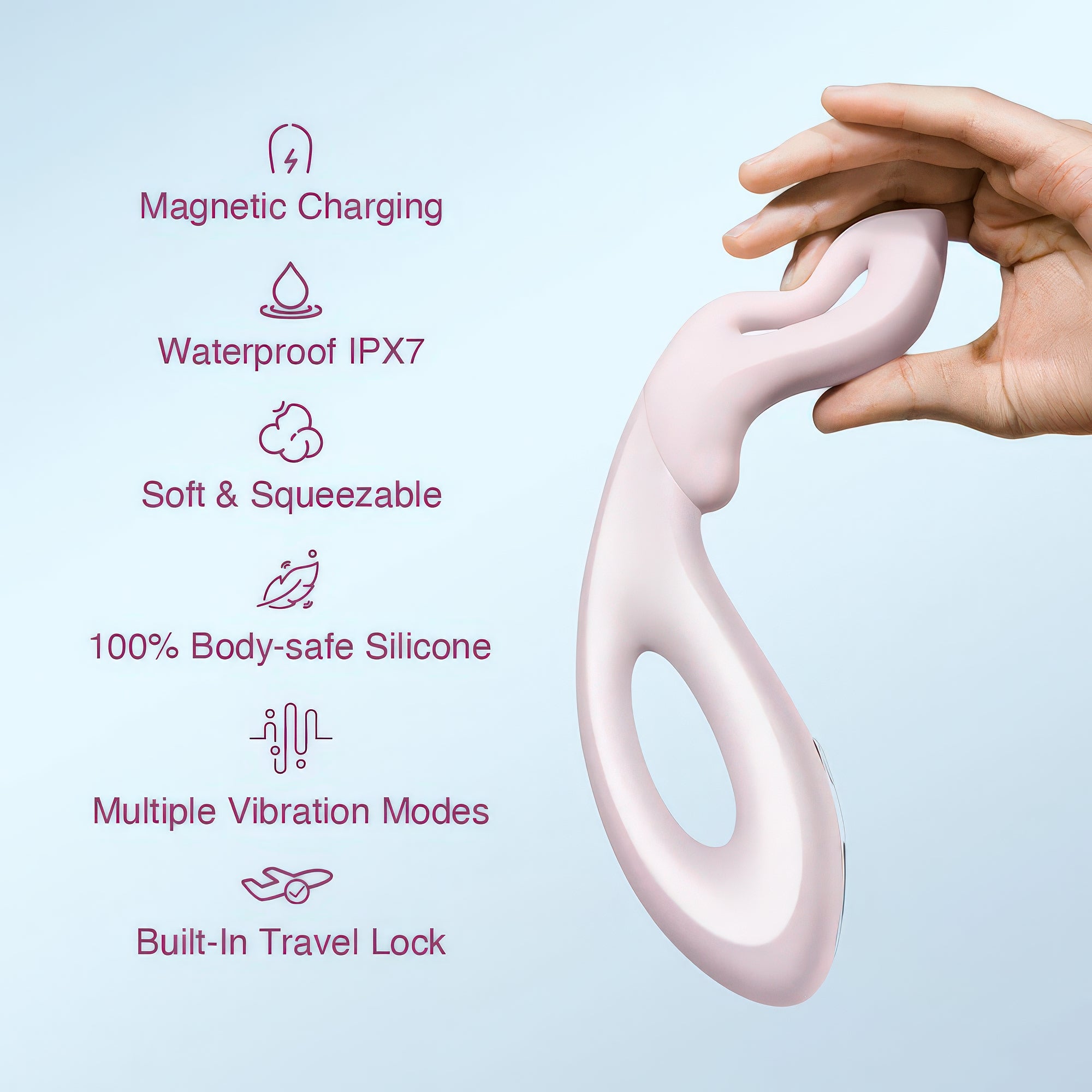 Hand holding a pink silicone device with features listed on a light blue background