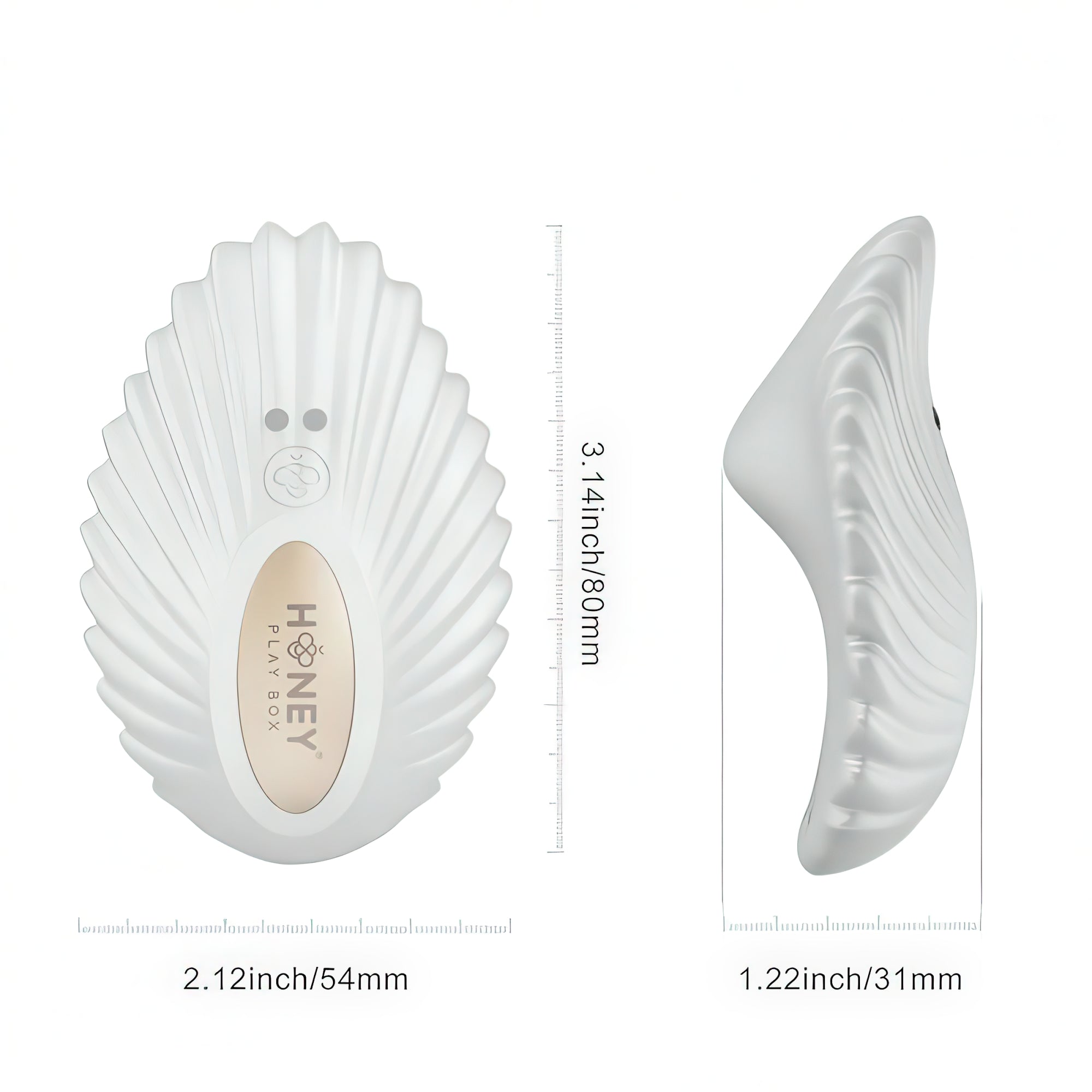 White shell-shaped product with 'Honey Play Box' branding and measurements on a white background