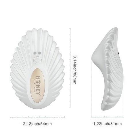 White shell-shaped product with 'Honey Play Box' branding and measurements on a white background