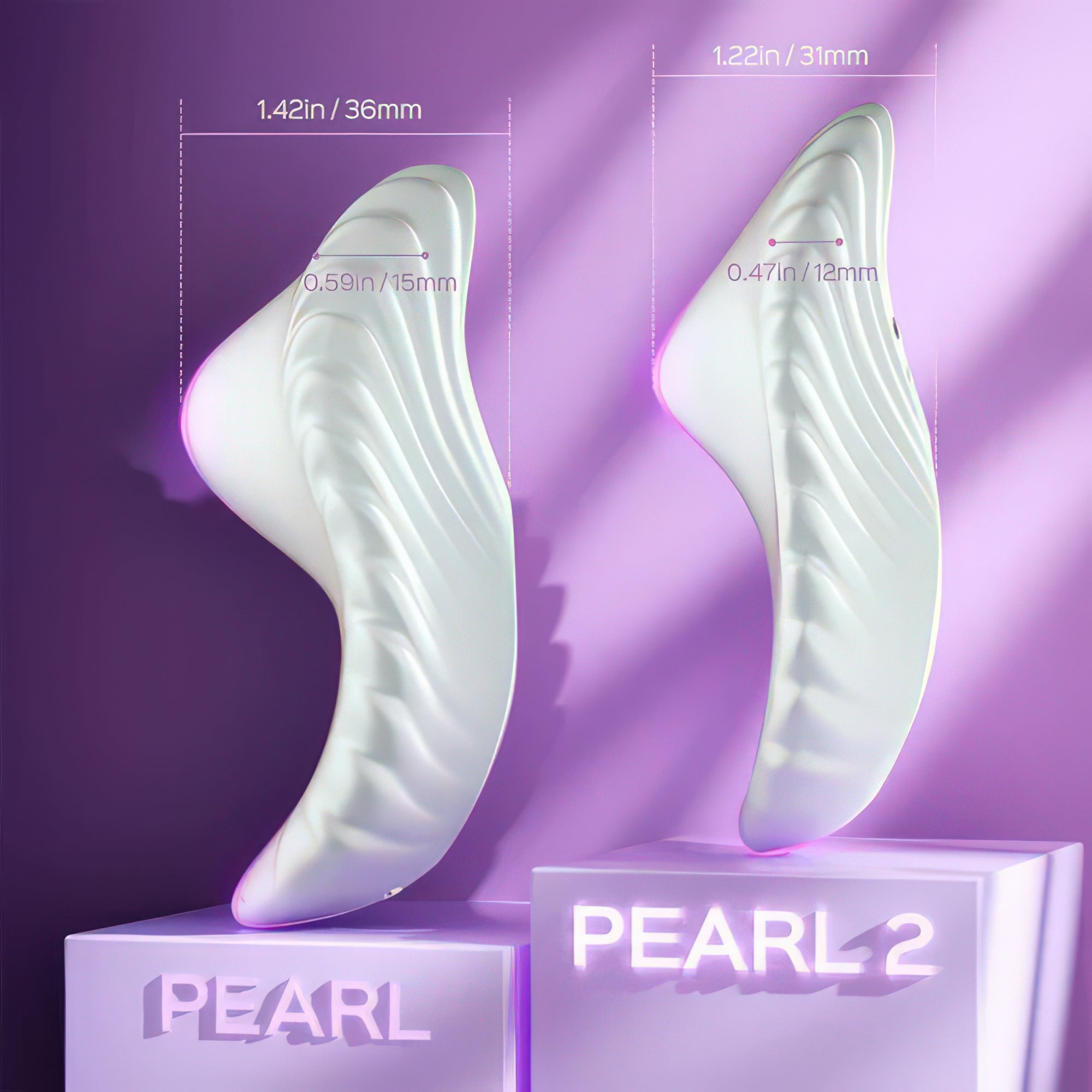 White vibrators with measurements on a purple background, featuring the brand 'Pearl'.