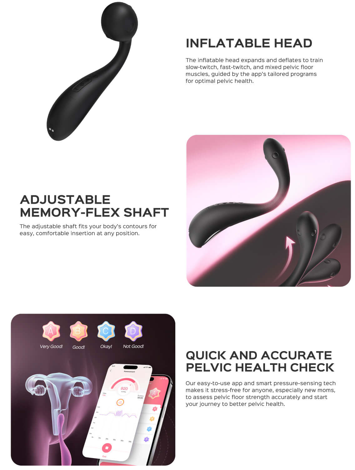 Inflatable pelvic floor exercise device with features highlighted on a white background