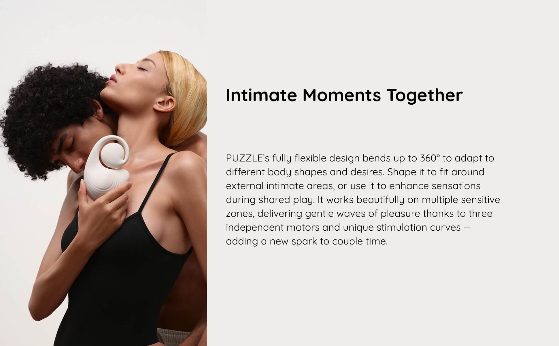 Two people embracing with a product, text about 'Intimate Moments Together' and product features.