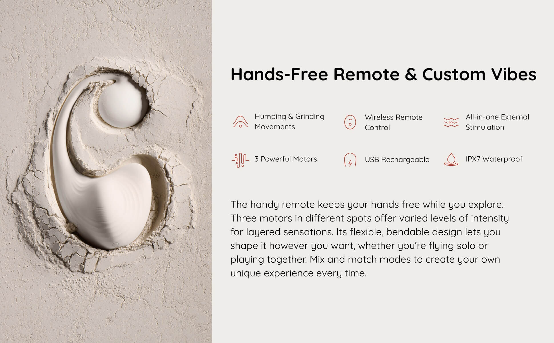 Product with text detailing features and benefits on a light gray background