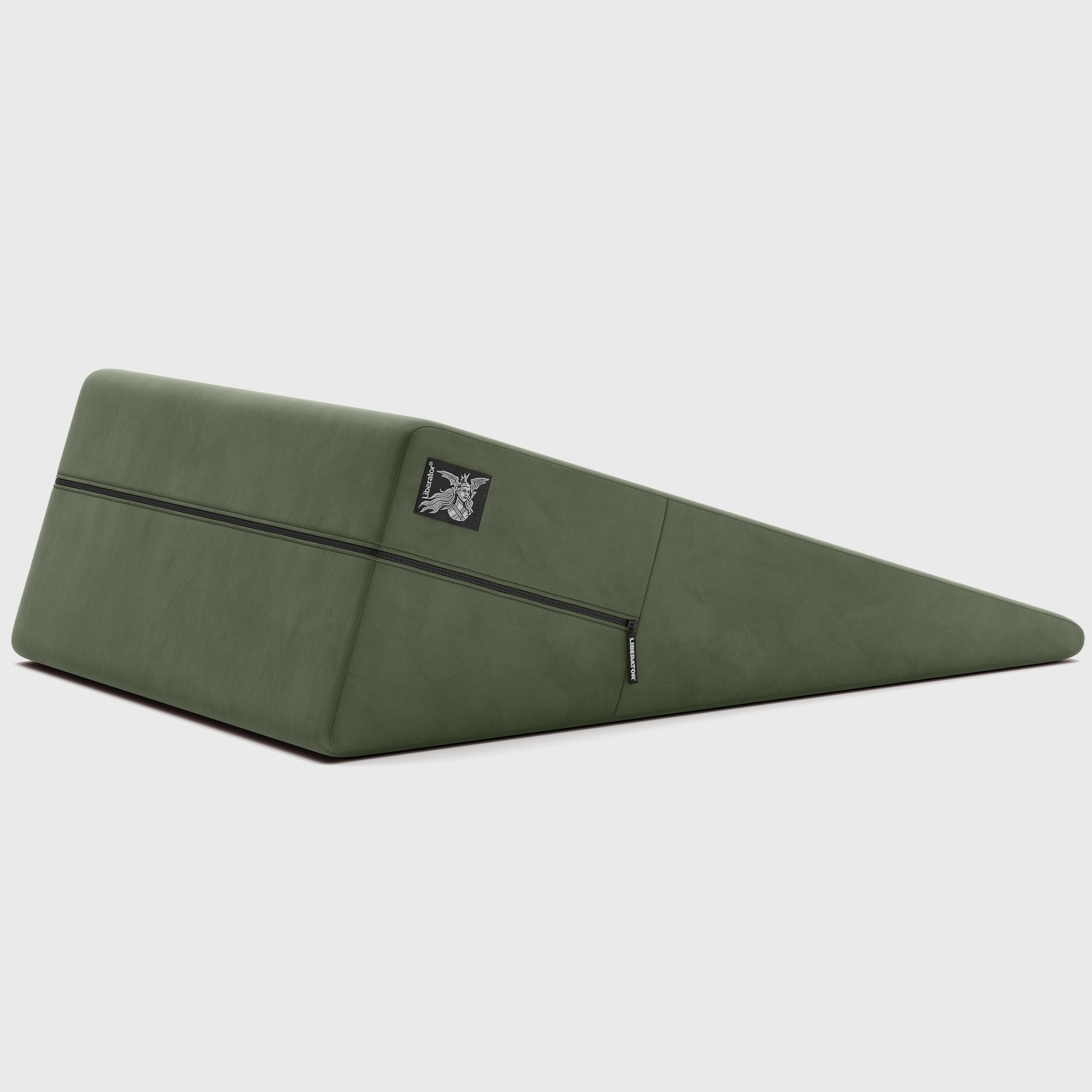 Teal ramp pillow with a brand logo on a light gray background