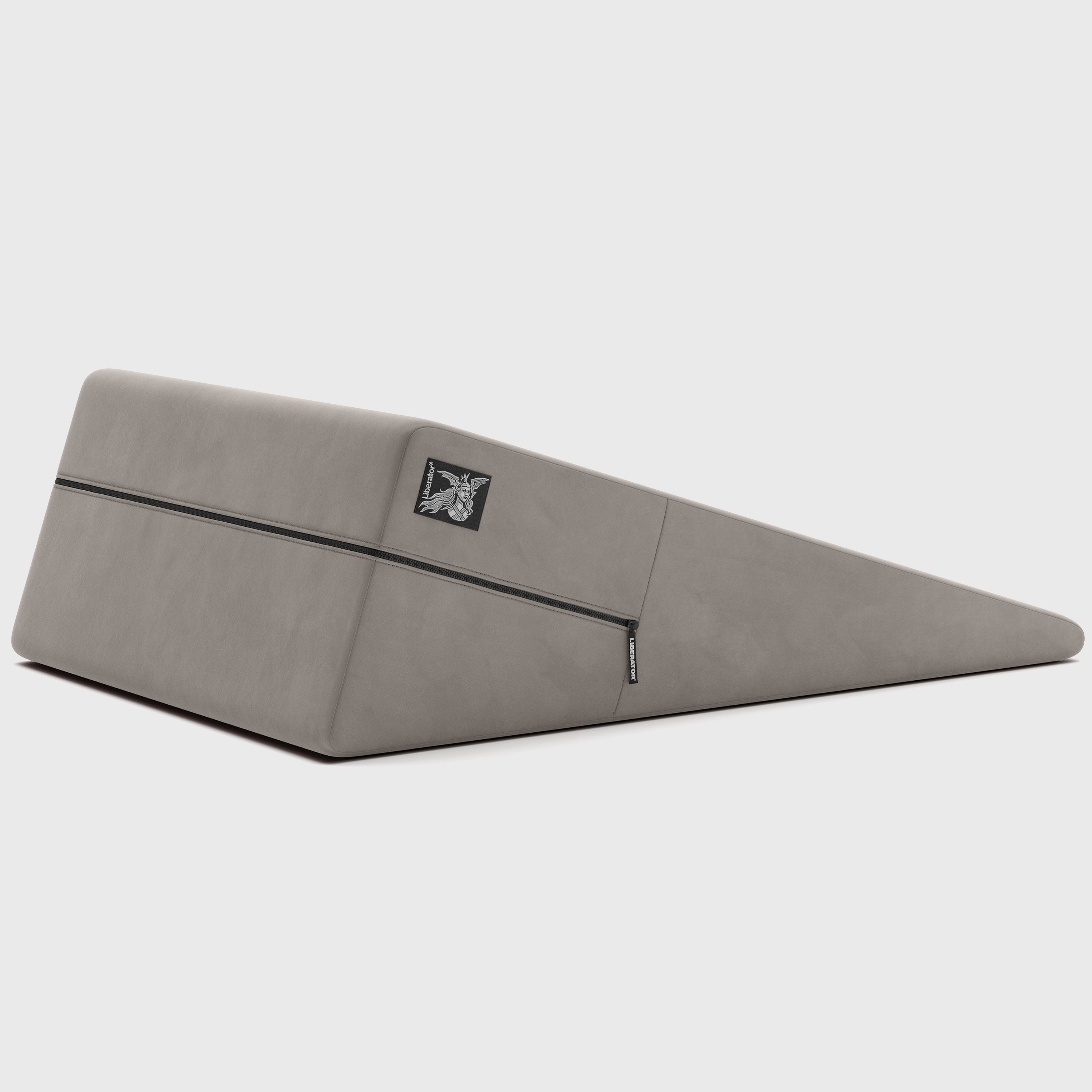 Gray ramp pillow with a brand logo on a white background