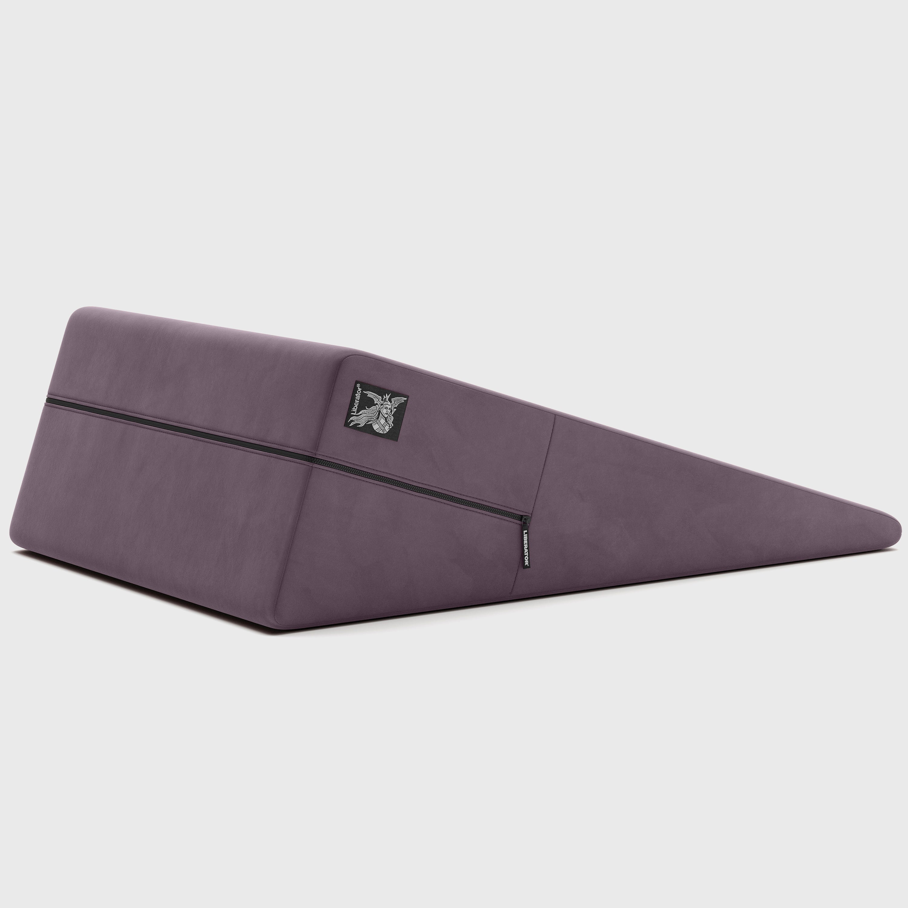 Purple ramp pillow with a brand logo on a light gray background