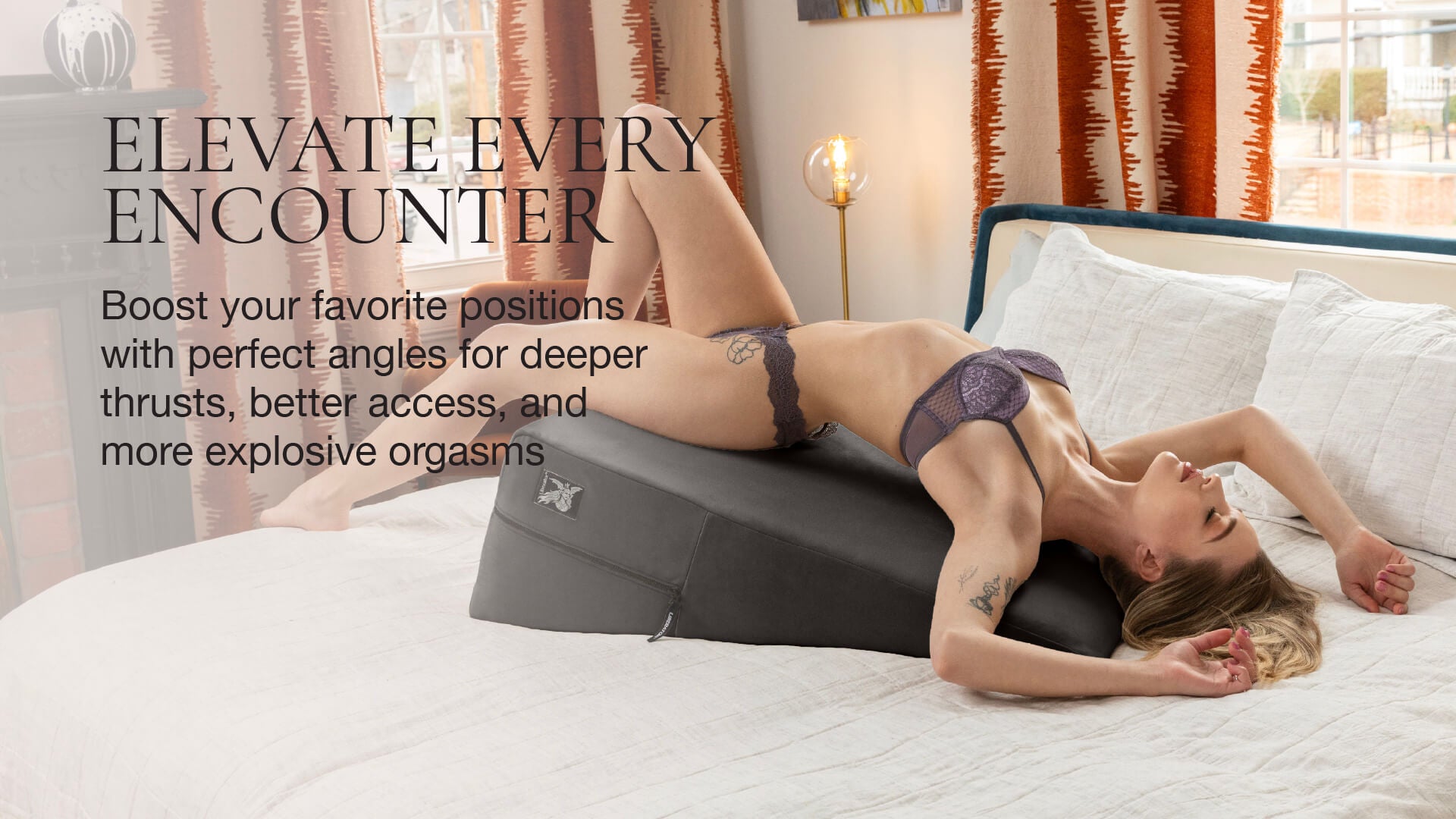 Woman using a ramp on a bed with promotional text about enhancing intimacy.