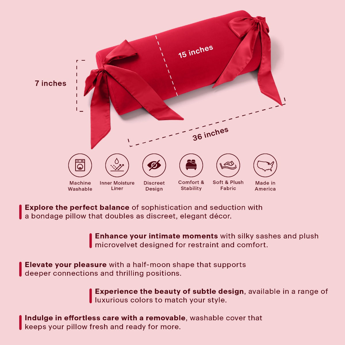 Ravish Bondage Pillow measurement and features graphics