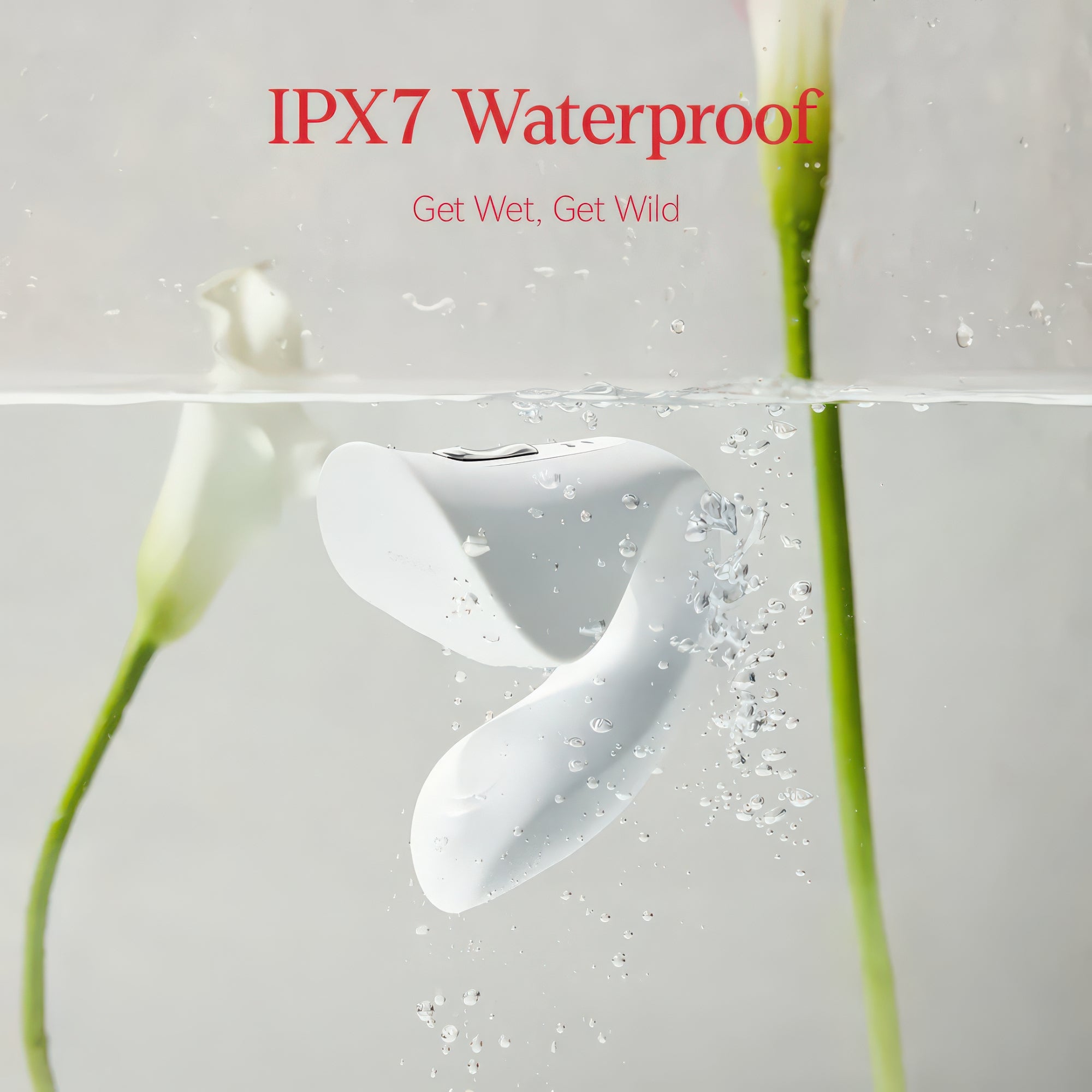 White electronic device with water droplets, surrounded by flowers, on a light gray background with 'IPX7 Waterproof' text.