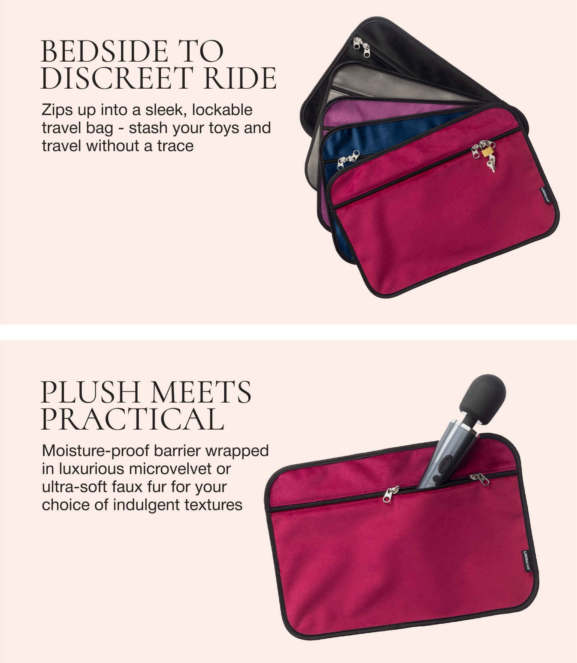 Multicolored travel bag with plush interior and lockable design on a beige background