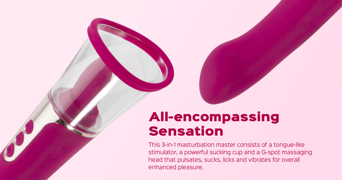 Animated GIF showing vibration and licking action of toy with promotional text