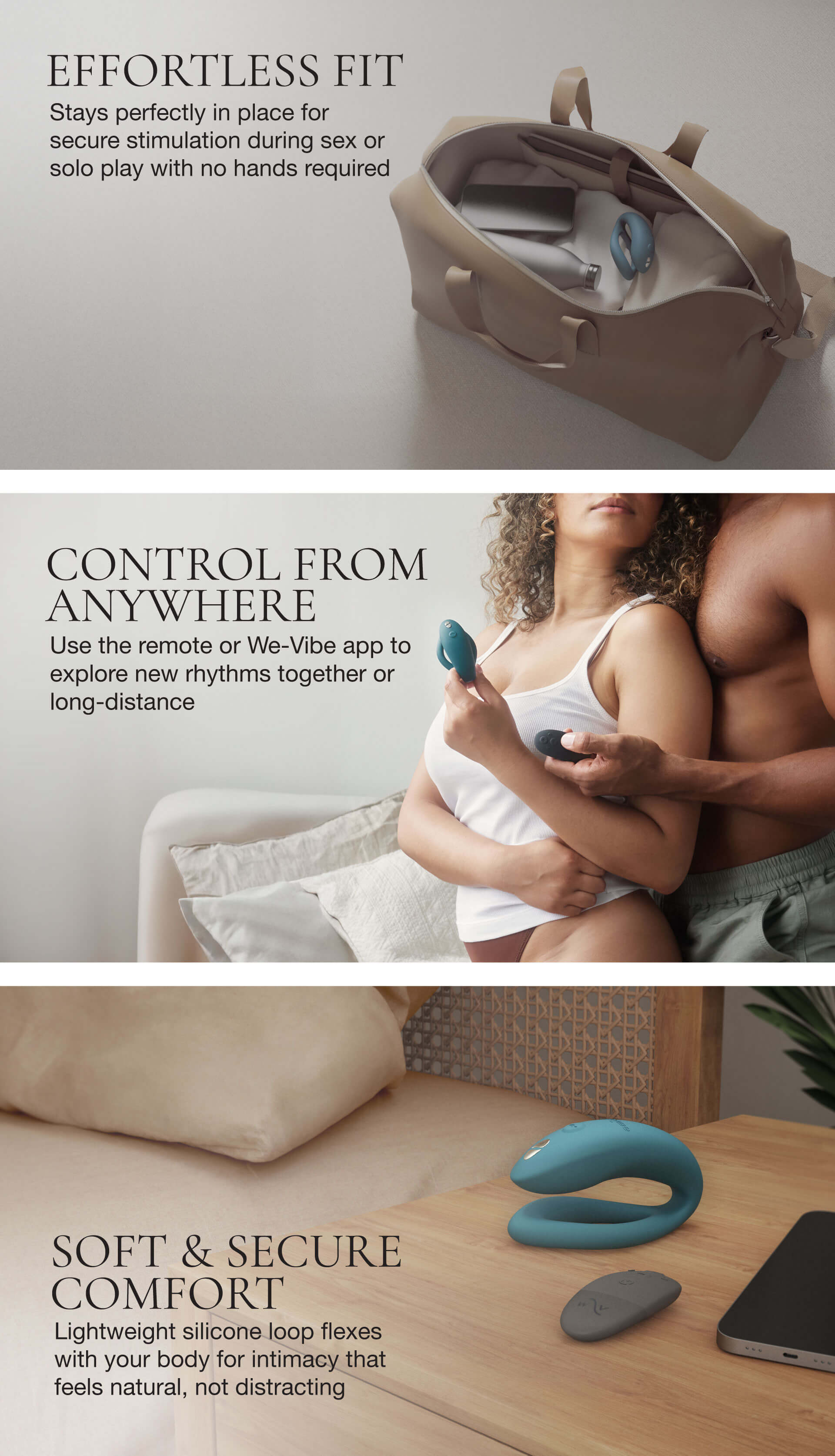 Vibrator product advertisement with text about control, comfort, and ease of use.