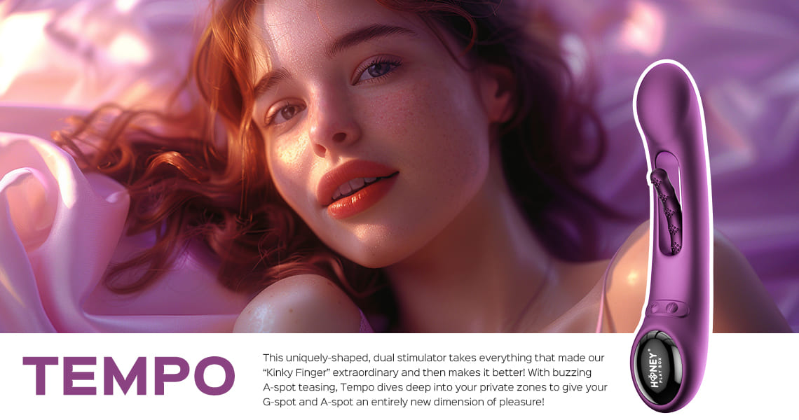 Purple 'Tempo' product with a woman lying down, promotional text, and brand name.