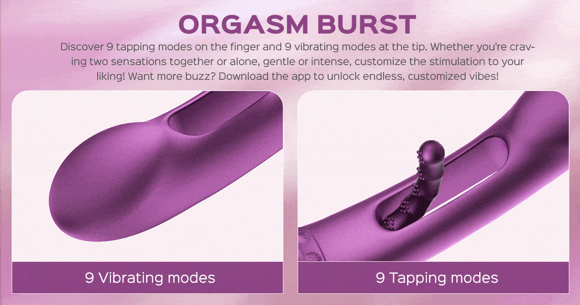 Animated GIF demonstrating vibrating and tapping functions of toy alongside promotional text