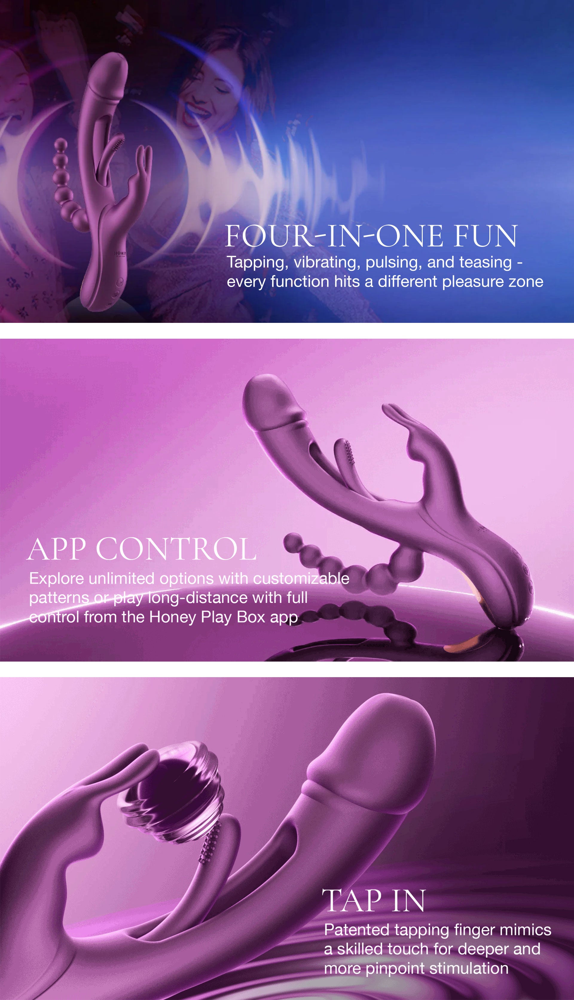 Advertisement for a four-in-one pleasure device with app control on a purple and blue background.