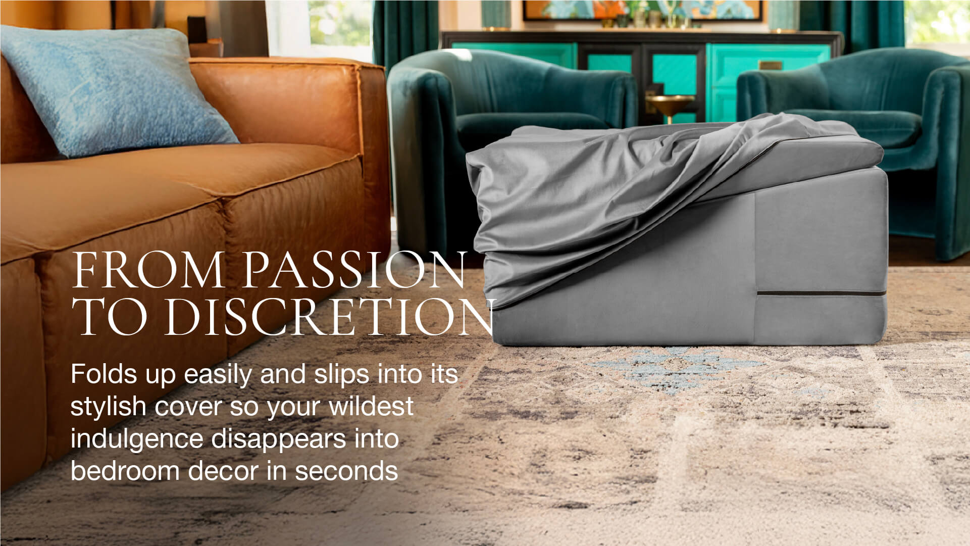 Gray cover draped over a vaya ramp with text about ease of use and discretion, set against a blurred living room background.