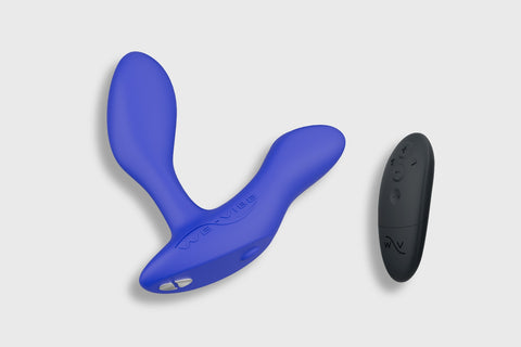 Blue We-Vibe Vector+ with 5 button remote on a white background