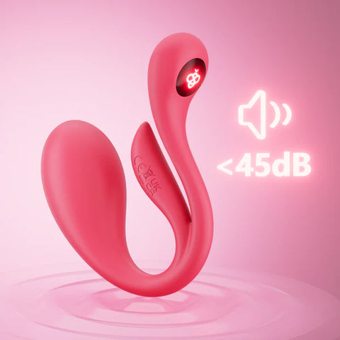 Pink electronic device with a sound icon and dB rating on a pink background