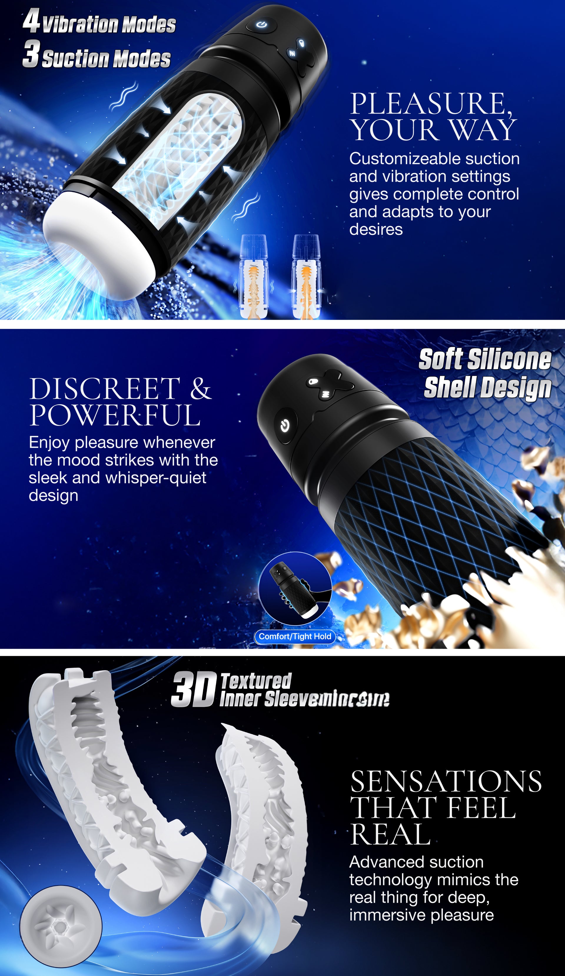 Product advertisement for a sexual device with features highlighted on a blue background.