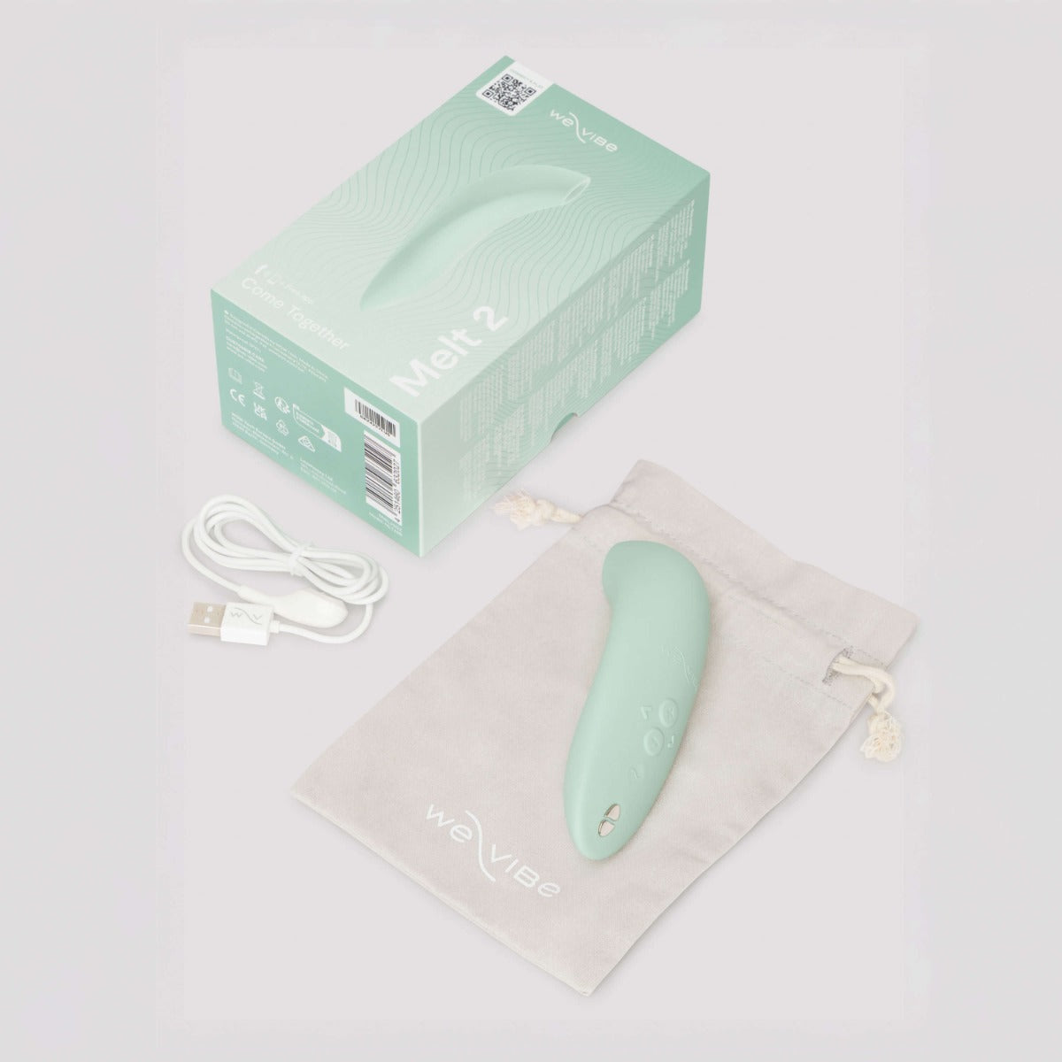 packaging shot on white of the We-Vibe Melt 2 clitoral air vibrator in sage green