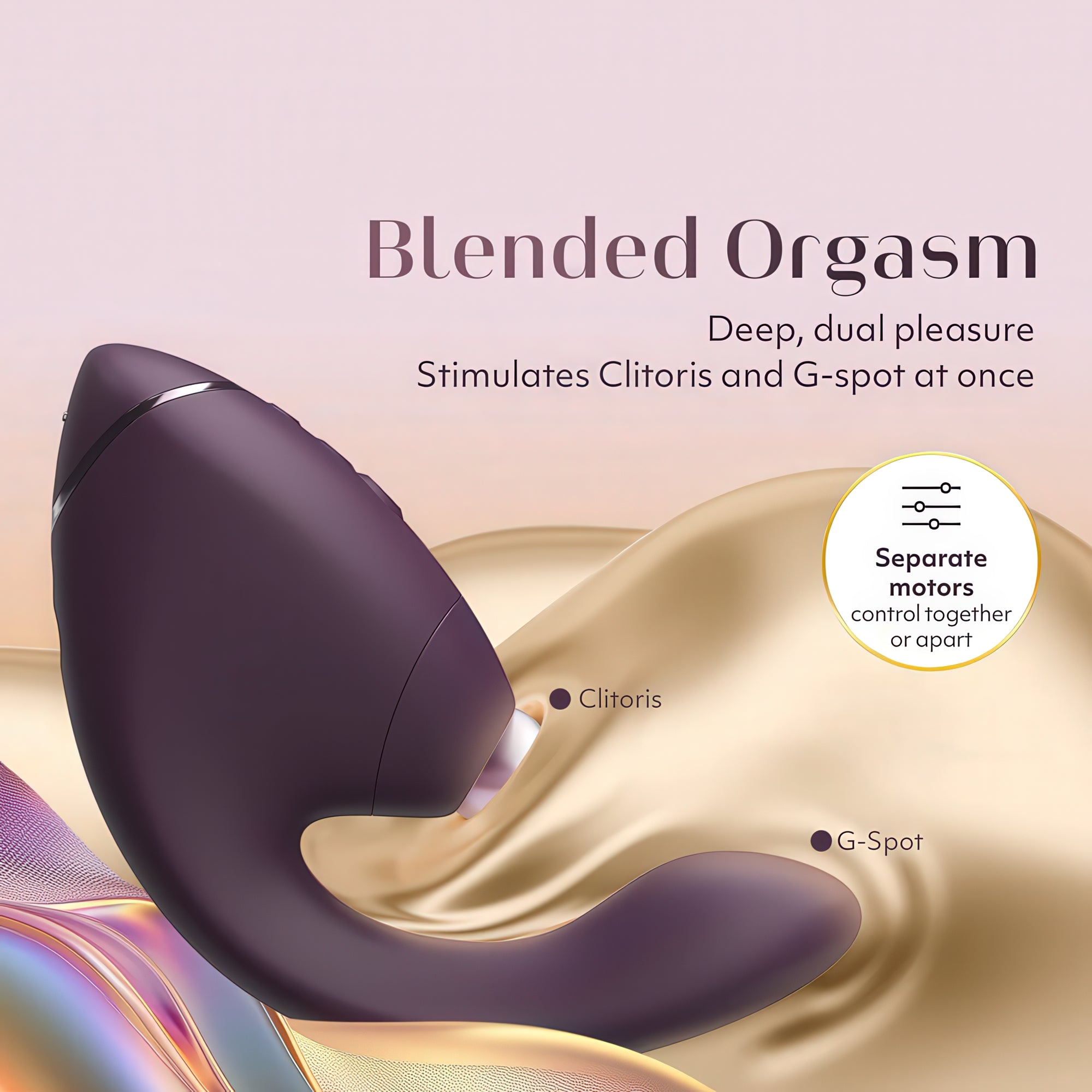 Purple sexual wellness device with text on a pink background