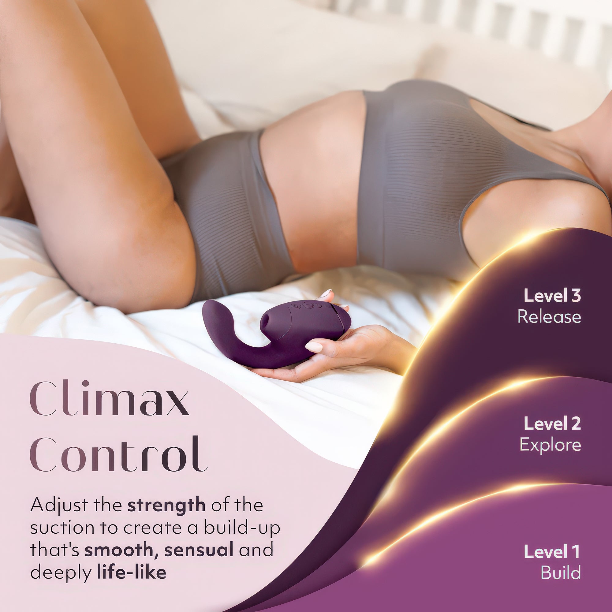 Person holding a purple suction device with text about climax control and product features.