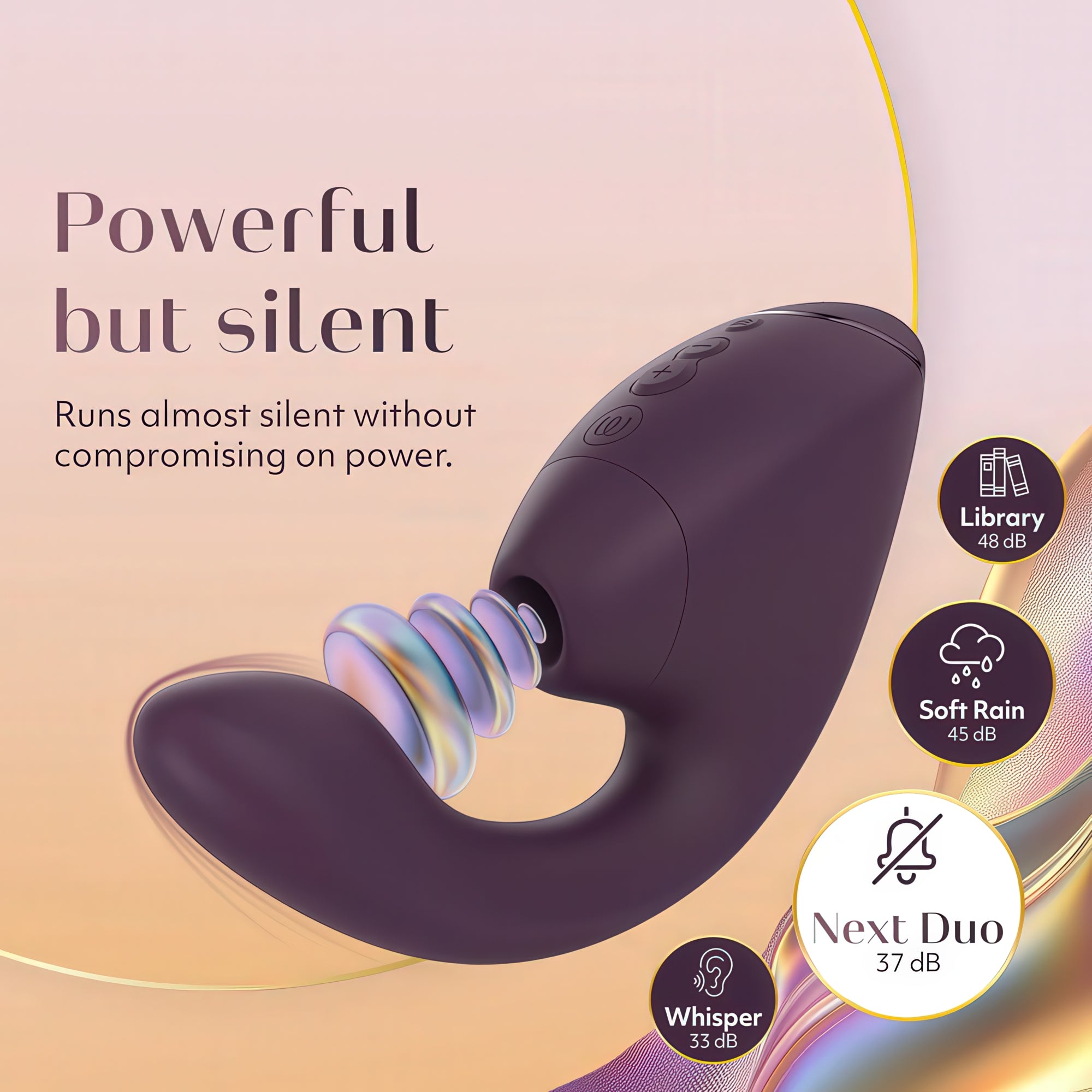 Purple electronic vibrator with sound level indicators on a gradient background