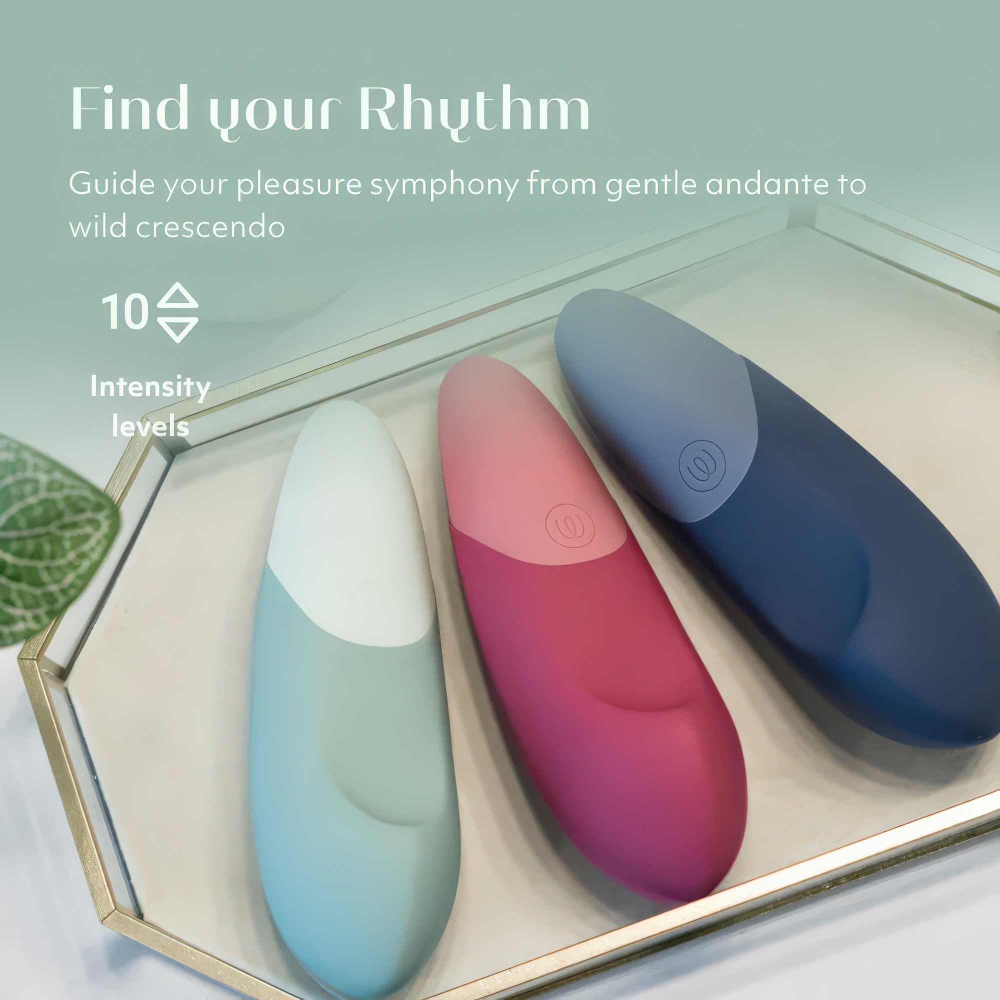Three colorful vibrators in a box with 'Find your Rhythm' text on a light blue background.