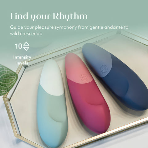 Three colorful vibrators in a box with 'Find your Rhythm' text on a light blue background.