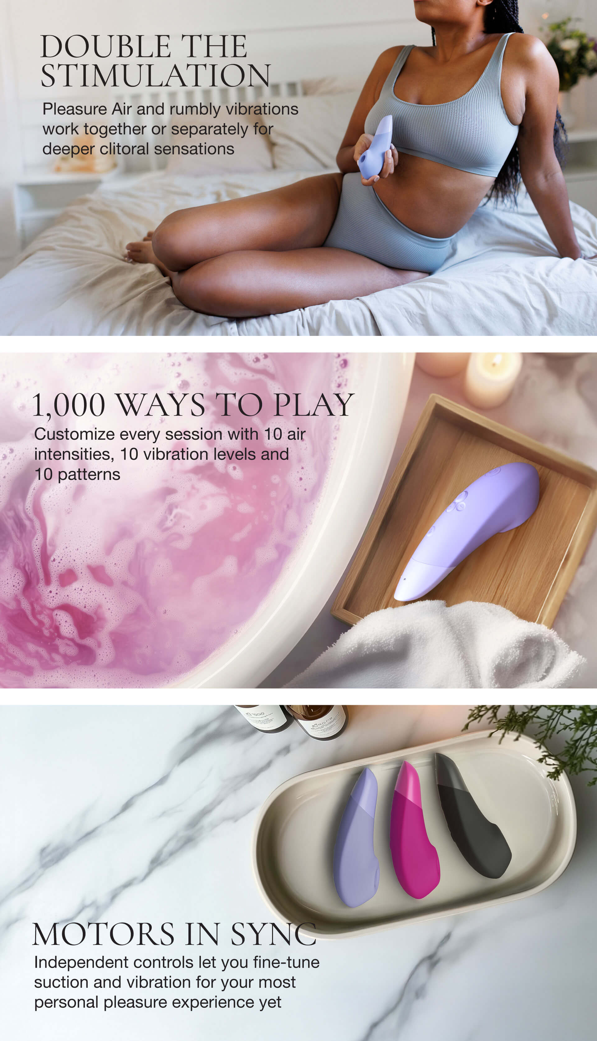 Advertisement for a product with text about stimulation and customization, featuring a woman and product on a marble surface.