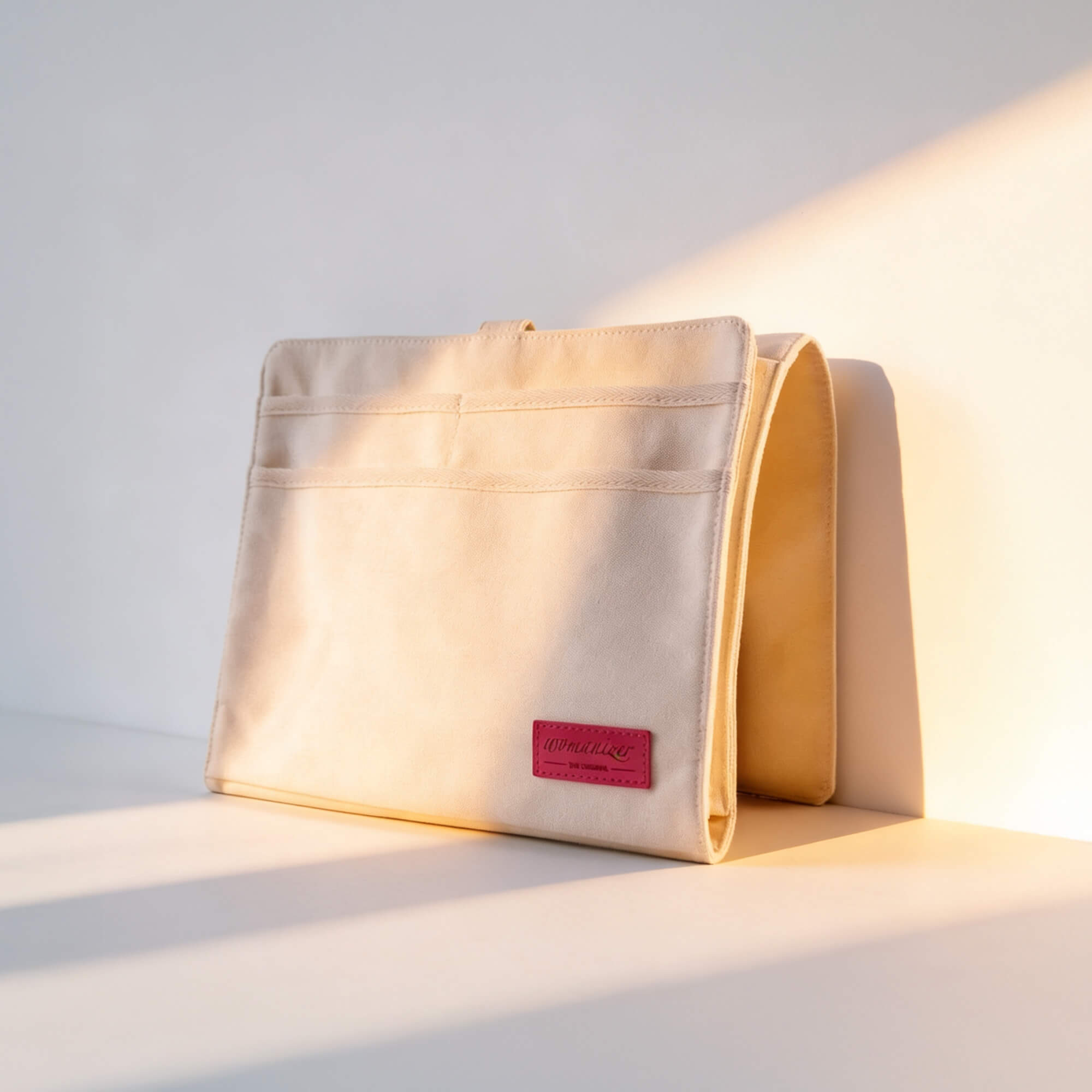 Beige pouch with a red label on a light gray background