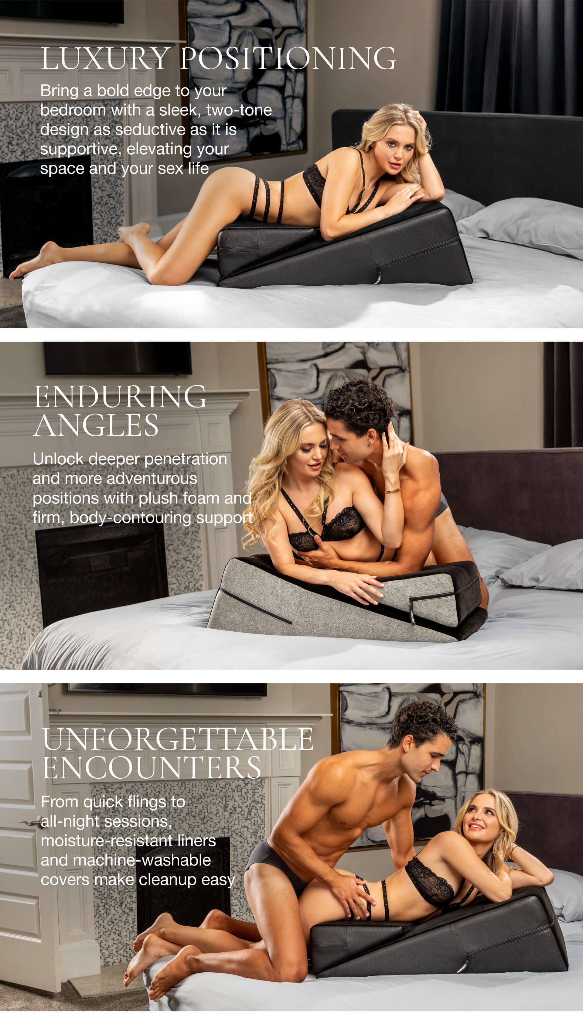 Product advertisement for a wedge pillow with text on luxury positioning, enduring angles, and unforgettable encounters.