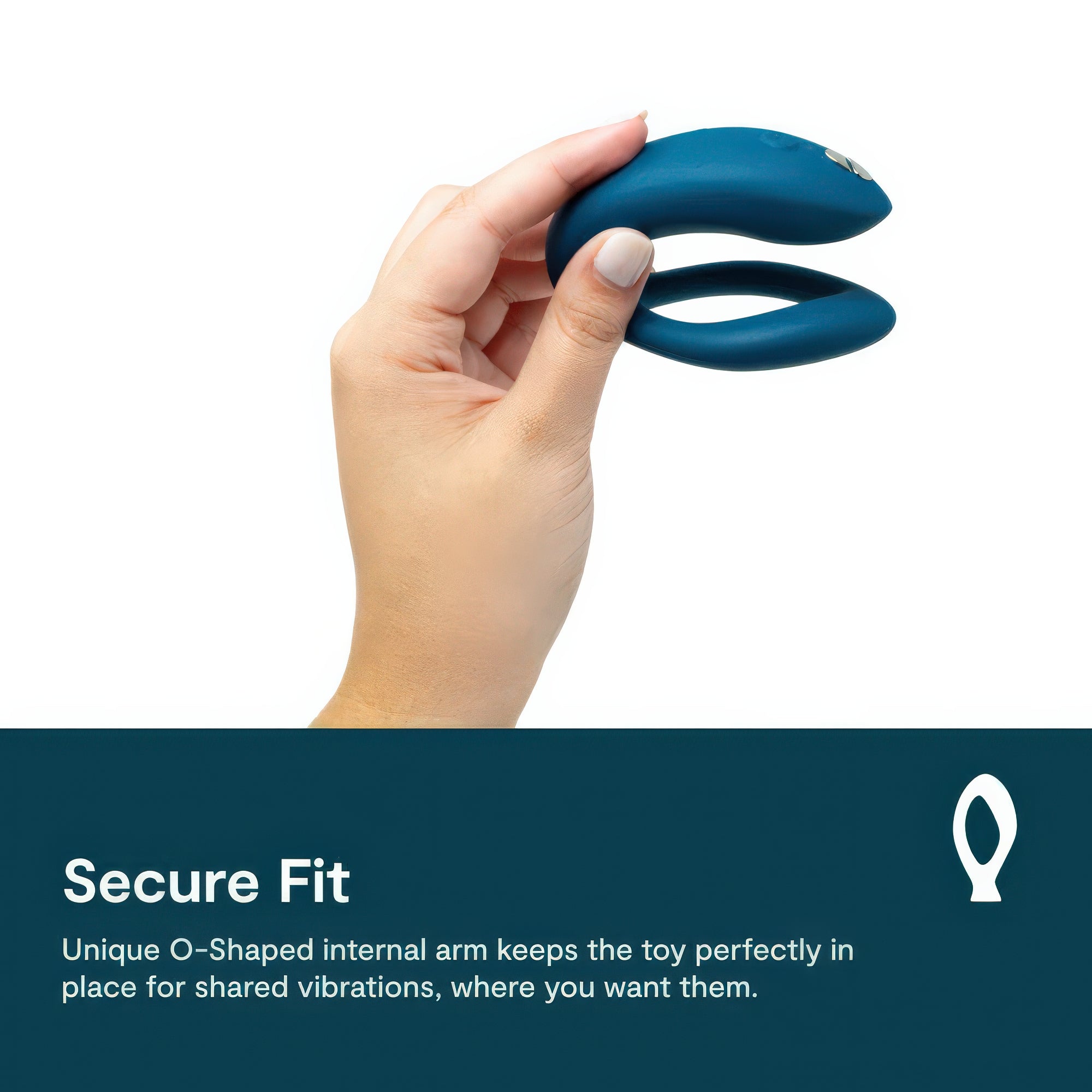 Hand holding a blue toy with text about a secure fit on a white background