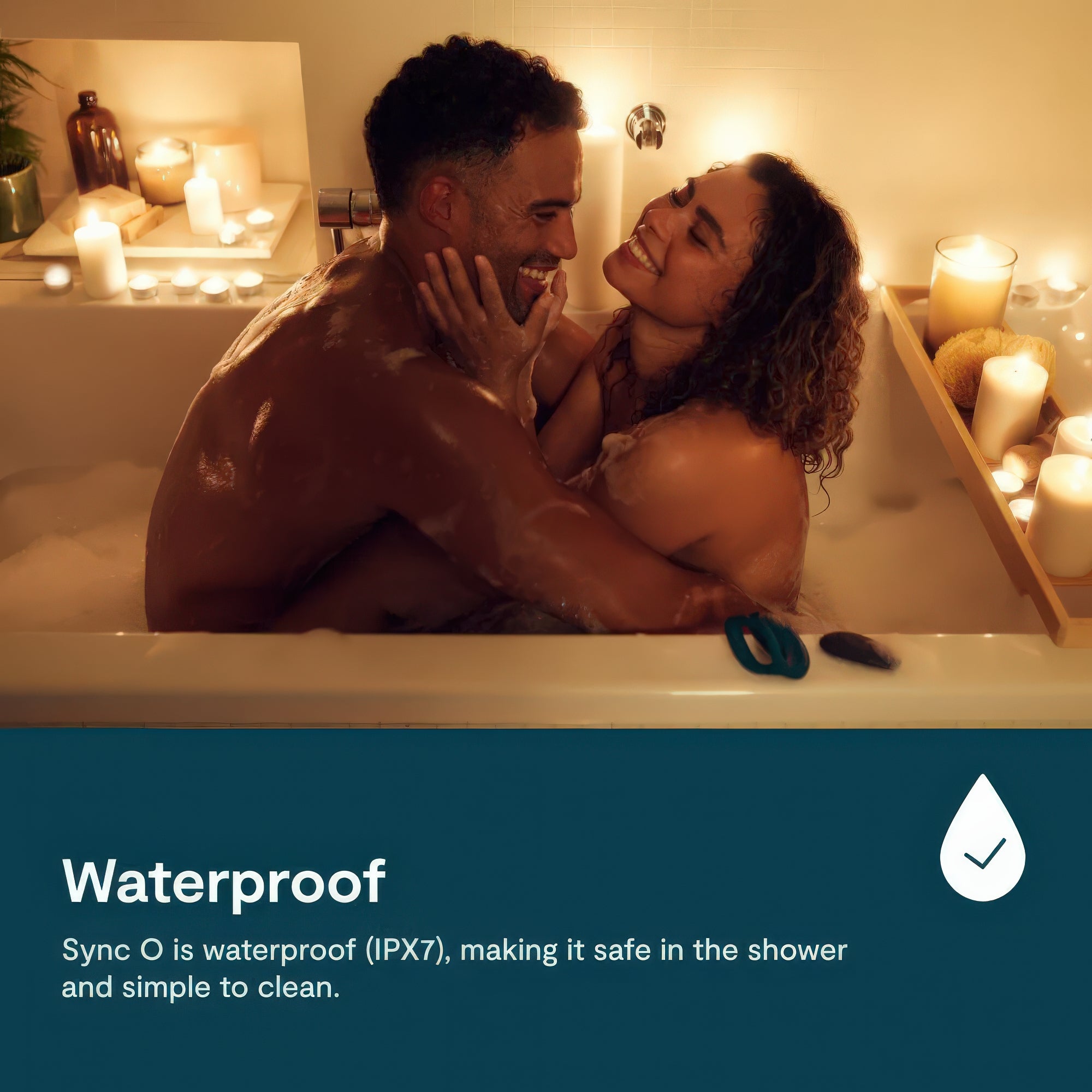 Couple in a bathtub with candles and a product labeled 'Waterproof' on a blue banner.