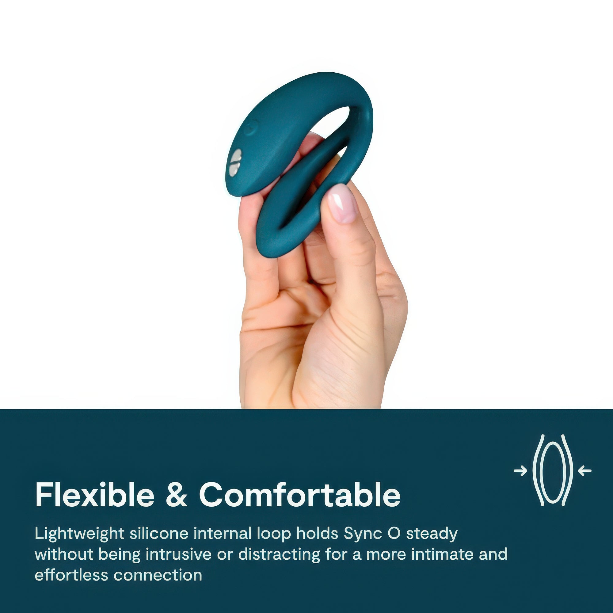 Hand holding a teal silicone vibrator with text about its flexibility and comfort.
