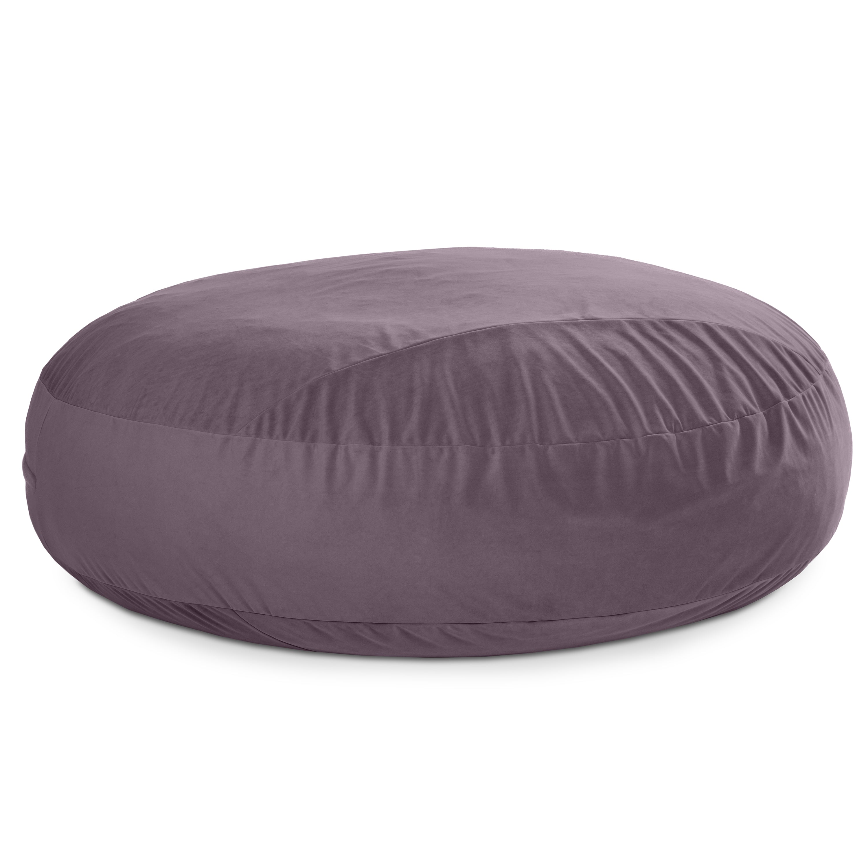 Round purple bean bag chair on a white background