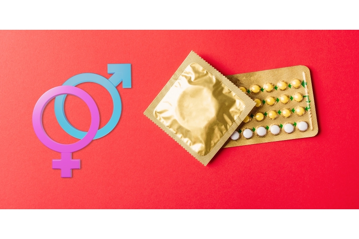 Collection of sexual health imagery such as condoms, birth control pills, and male & female symbols