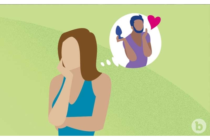 Drawing of woman thinking about a man holding a butt plug