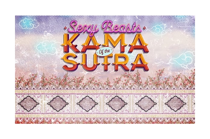 Text reading "Sexy Beasts of the Kama Sutra" on a background styled after Indian architecture