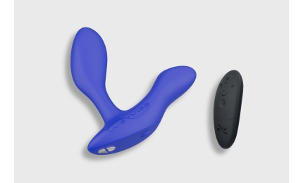 Blue We-Vibe Vector+ with 5 button remote on a white background