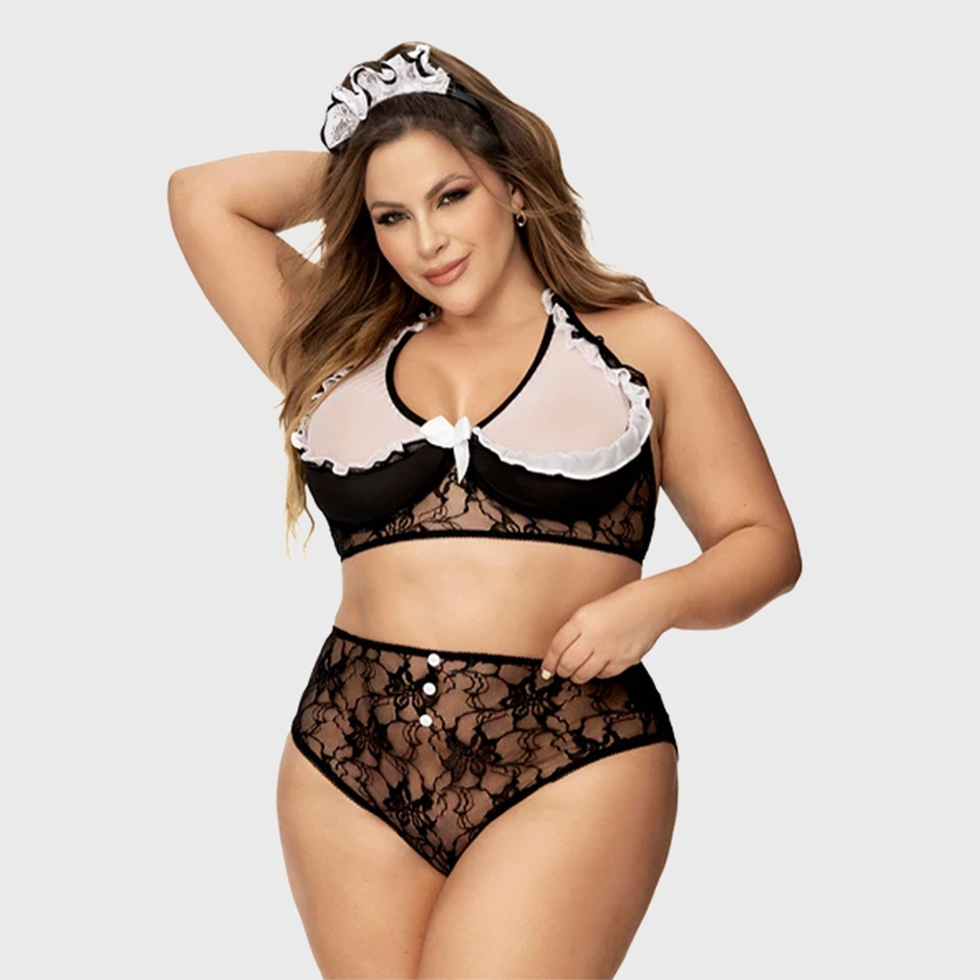 Woman posing in maid-themed lingerie