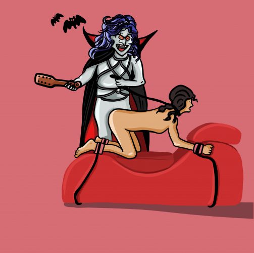 Vampire paddling a woman who is tied to the Liberator Black Label Esse II